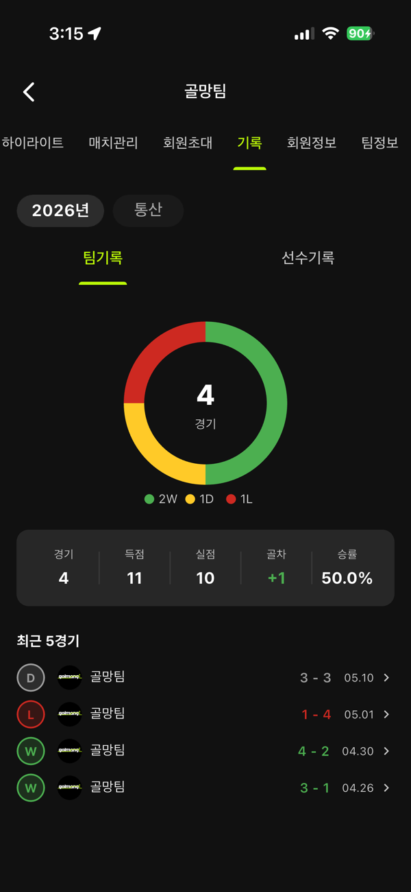 골망 팀 기록 — 승무패 통계