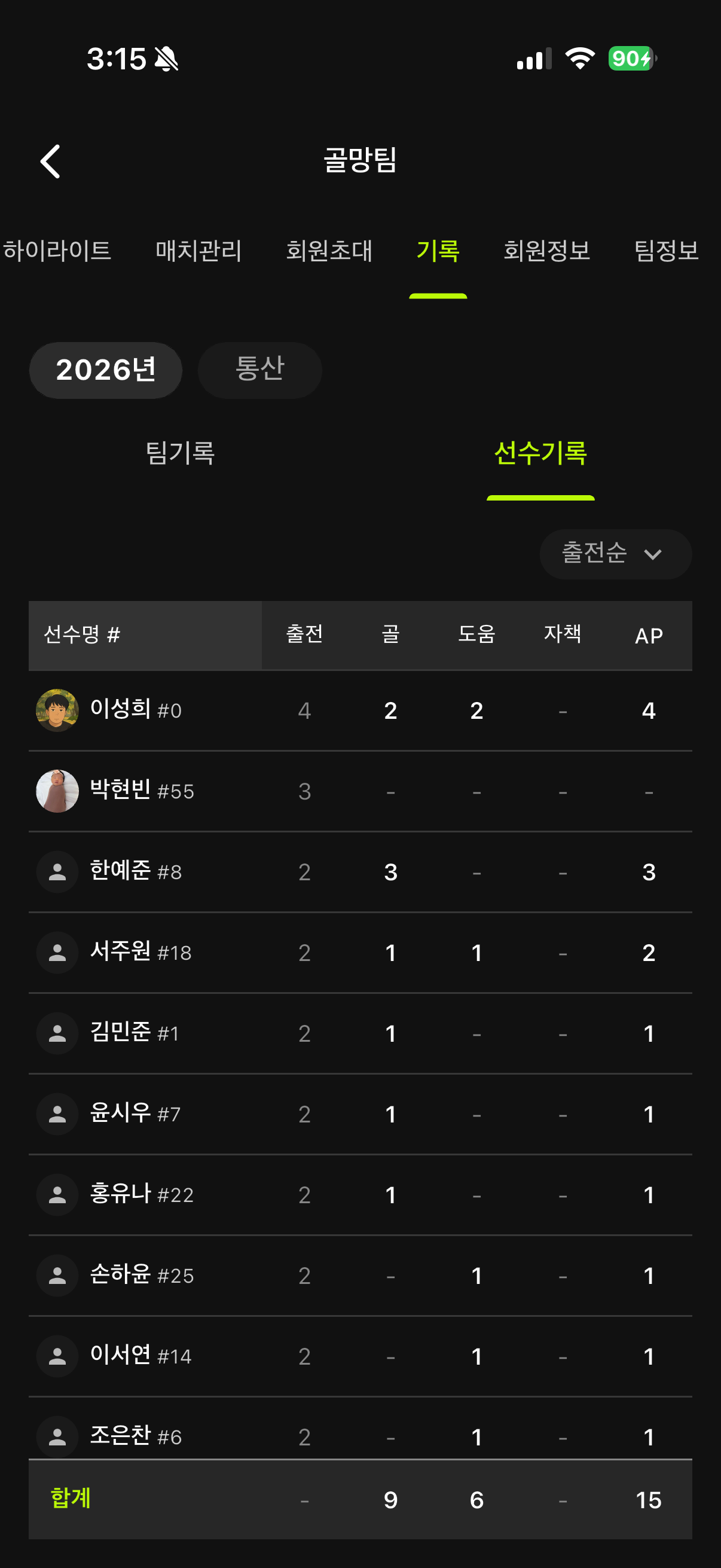 골망 선수 기록 — 출전·골·도움 통계